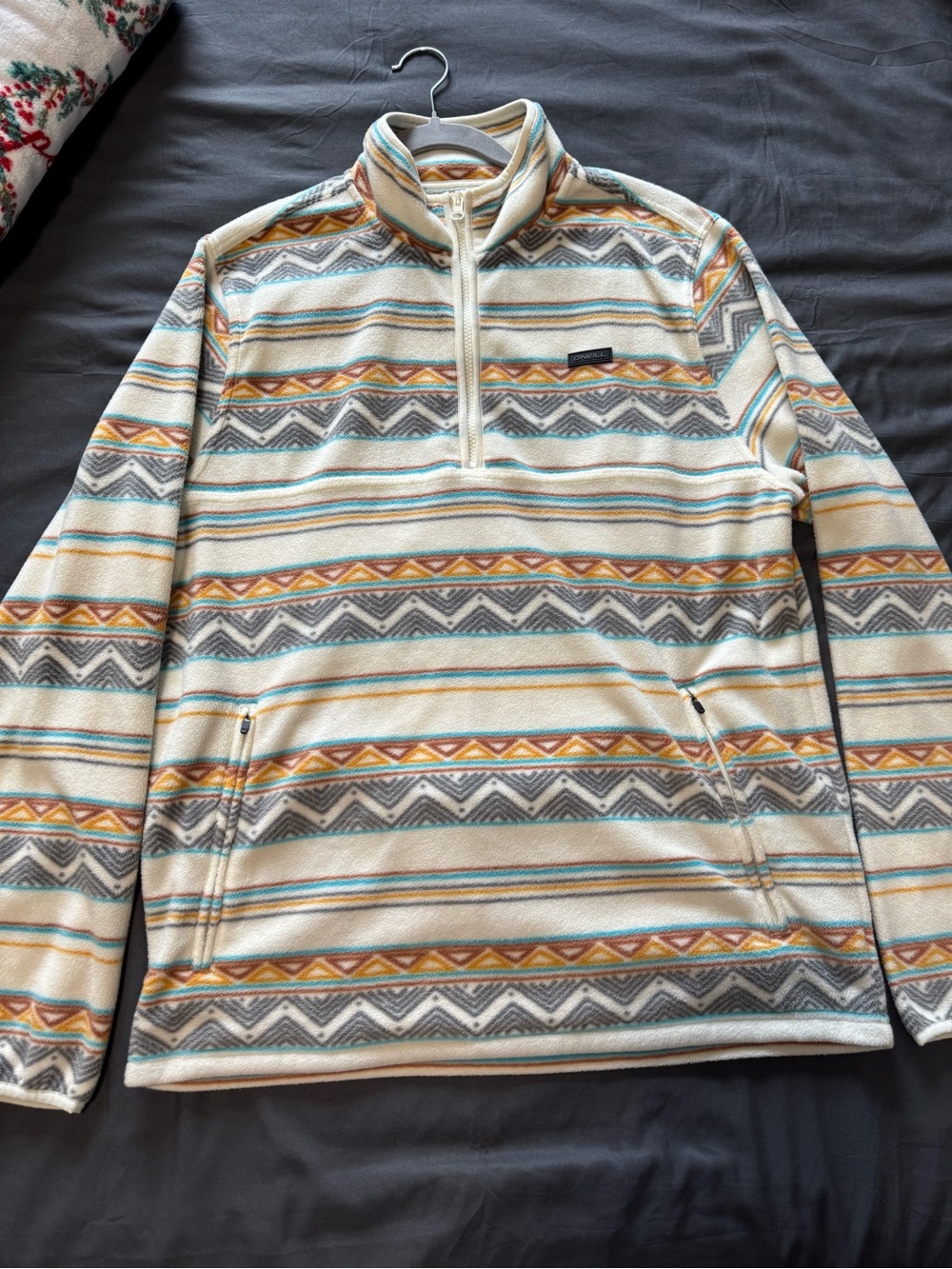 O'Neill Cream Aztec-Patterned Quarter-Zip Fleece with Mustard & Teal Stripes